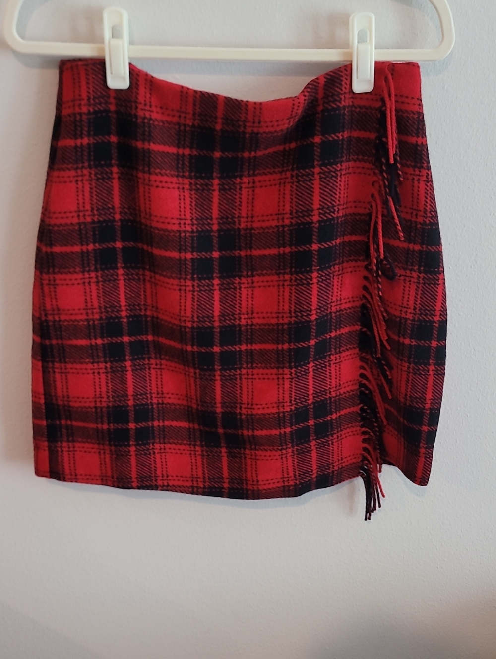 LOFT Red and Black Plaid Fringe Mini Skirt